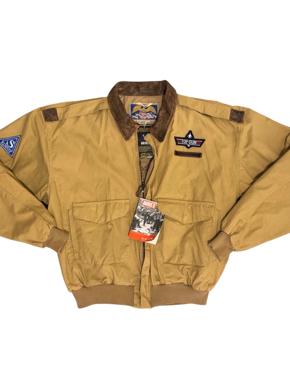 NWT 1989 Avirex A-2 Tan Cotton Bomber Flight Jacket Leather Top Gun Sandoz XL